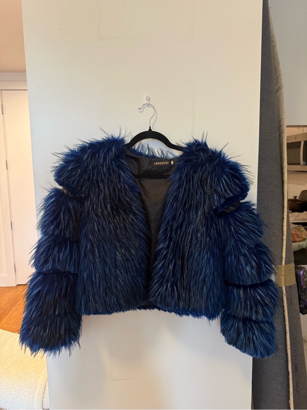 Blue and black fur coat